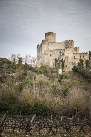 CASTELLET,SPAIN-FEBRUARY 28,2015: Castle and vineyards, Castillo de Castellet, hosts Abertis Foundation,International center for the mediterranean biosphere reserves under the auspicies of UNESCO, Castellet i la Gornal, Penedes area,Catalonia,Spain.のeditorial素材