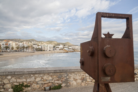 SITGES,SPAIN-FEBRUARY 26,2015: Front maritime, beach and sculpture tribute to international film festival in catalan village of Sitges, province Barcelona, Catalonia, Spain.のeditorial素材