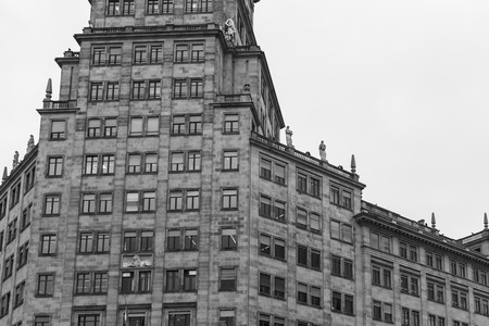 BARCELONA, SPAIN-FEBRUARY 3,2015: Architecture, building, Banc Vitalici Espanya by Lluis Bonet, monumental style, Passeig de Gracia-Gran Via, Eixample quarter, Barcelona.Black and white.のeditorial素材