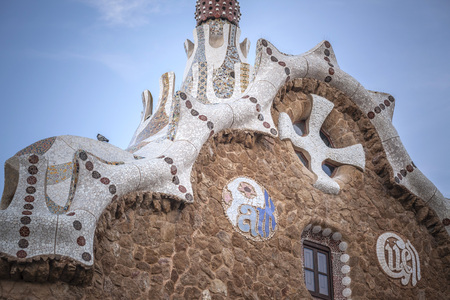 BARCELONA,SPAIN-JANUARY 21,2015: Park Guell, designed by Antoni Gaudi. Detail of Pavilion at the entrance or Casa del Guarda.のeditorial素材