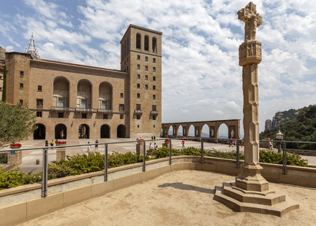 MONTSERRAT,SPAIN-JULY 25,2014: Benedictine abbey monastery of Santa Maria de Montserrat, mountain of Montserrat,  touristic destination religious-cultural, province of Barcelona, Catalonia.のeditorial素材