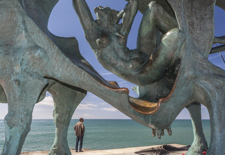 VILANOVA I LA GELTRU, SPAIN-MAY 14,2014: Sculpture Parsifae, by Oscar Estruga, beach of Vilanova i la Geltru, province Barcelona, Catalonia.のeditorial素材