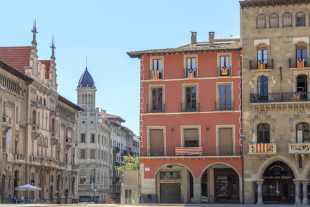 VIC,SPAIN-JUNE 13,2013: City view, main square, plaza major, Vic, province Barcelona,Catalonia.のeditorial素材