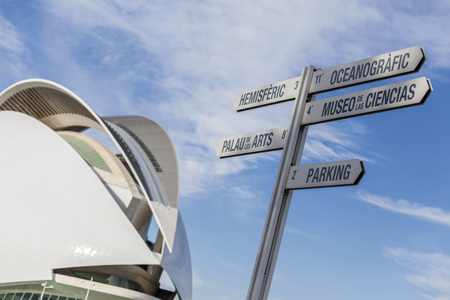 VALENCIA,SPAIN-JANUARY 21,2016: Modern architecture, City of Arts and Sciences, sign orientation...
