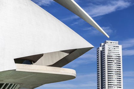 VALENCIA,SPAIN-JANUARY 21,2016: Modern architecture, City of Arts and Sciences,detail of the Palau de les Arts Reina Sofia and an apartment building.のeditorial素材