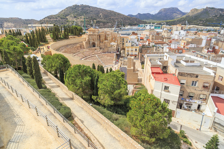 CARTAGENA,SPAIN-SEPTEMBER 22,2017:City and roman theater view,Cartagena,Spain.のeditorial素材