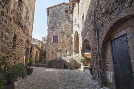 SANTA PAU,SPAIN-MAY 9,2017:Ancient street in Santa Pau,Catalonia,Spain.のeditorial素材