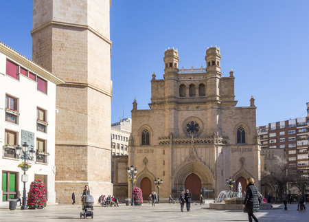 CASTELLON,SPAIN-JANUARY 30,2018: Bell tower and Co-cathedral of Saint Mary in Plaza mayor,Main square.Castellon,Spain.のeditorial素材