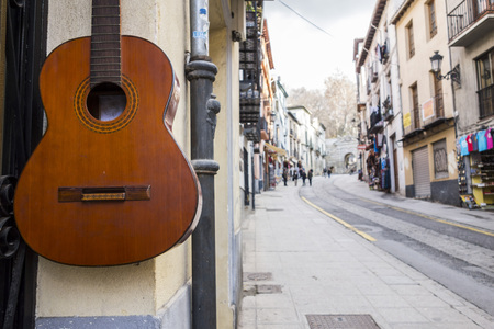 GRANADA, SPAIN- JANUARY 15, 2018: Typical street Cuesta de Gomenez near to Alhambra, historic center of Granada, Spain.のeditorial素材