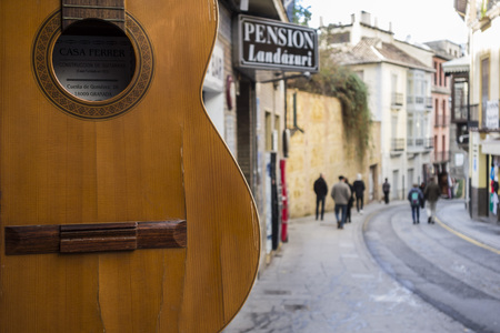GRANADA, SPAIN- JANUARY 15, 2018: Typical street Cuesta de Gomenez near to Alhambra, historic center of Granada, Spain.のeditorial素材