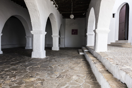 SANTA EULARIA DES RIU, SPAIN- JANUARY 12, 2018: Church of santa eularia, fortified medieval building, hill of puig de missa .Santa Eularia des Riu, Ibiza, Spain.のeditorial素材