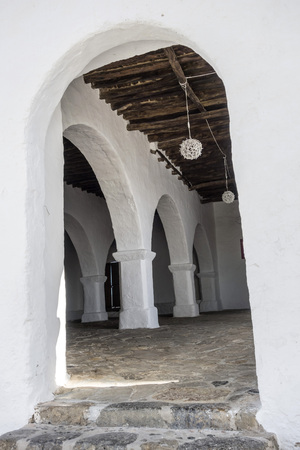 SANTA EULARIA DES RIU, SPAIN- JANUARY 12, 2018: Church of santa eularia, fortified medieval building, hill of puig de missa .Santa Eularia des Riu, Ibiza, Spain.のeditorial素材