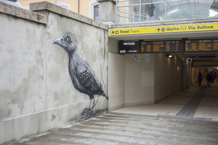 LECCO, ITALY- JANUARY 10,2018: Detail entrance train station in Lecco, Italy.のeditorial素材