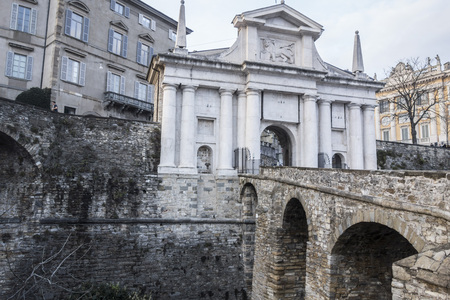 Ancient city door entrance Citta Alta, Porta San Gioacomo, Bergamo, Lombardy, Italy.の写真素材