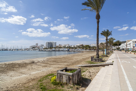 SANT ANTONI DE PORTMANY,IBIZA,SPAIN-MARCH 21,2018: Mediterranean beach, Beach S Arenal, town of Sant Antoni, Ibiza island,Spain.のeditorial素材