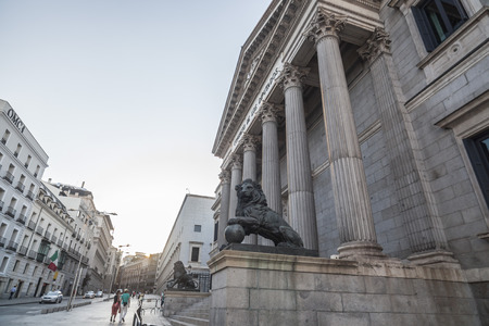 MADRID,SPAIN-JULY 21,2015: Palace, Palacio de las Cortes, Spanish congress deputies, exterior street at sunset, Madrid.のeditorial素材