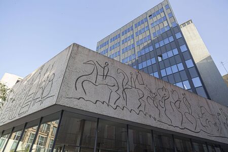 BARCELONA,SPAIN-JULY 5,2019: Artistic Mural designed by Picasso and executed by Carl Nesjar , gothic quarter.のeditorial素材