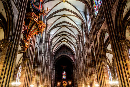 The monumental interior of the Strasbourg Cathedral in Alsace, Franceのeditorial素材