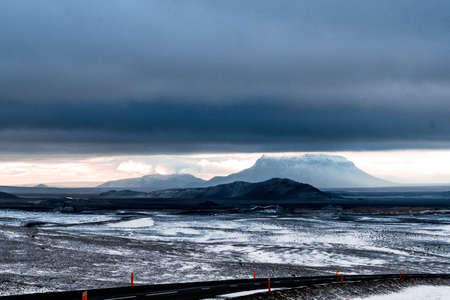Snowy landscape of the Iceland Haighlands, a cold and uninhabited desert in the center of the island...