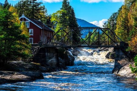 Bridges over a whitewater river on the way from Sandefjord to Mount Gaustatoppen, southern Norwayの写真素材