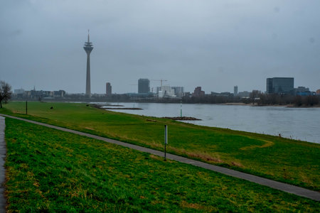 The German city of DÃ¼sseldorf from the left bank of the Rhine riverの写真素材