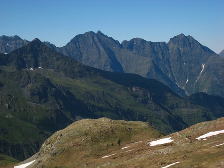 Sharp peaks of high rocky black mountains の写真素材