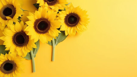 Sunflowers on yellow background. Flat lay, top view. AI Generatedの素材
