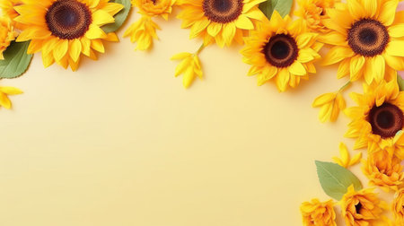 Sunflowers on yellow background. Flat lay, top view, copy space. AI Generatedの素材