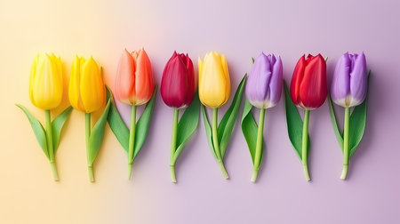 Colorful tulip flowers on pastel background with copy space. AI Generatedの素材