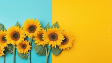 Sunflowers on blue and yellow background with copy space for text. AI Generatedの素材