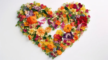 Heart made of colorful flowers on white background, valentines day. AI Generatedの素材
