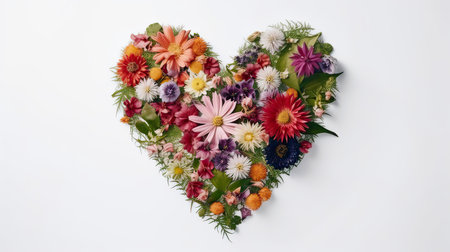Heart made of colorful flowers on white background. Valentines day concept. AI Generatedの素材