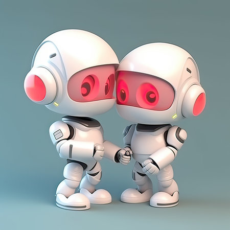 Couple of robots holding hands - 3D Illustration on gray background. AI Generatedの素材