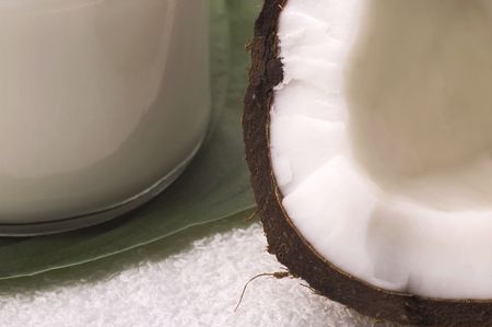 coco bath items. coconut, milk, towel. white spaの写真素材