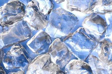macro of ice cubes in a blue bin