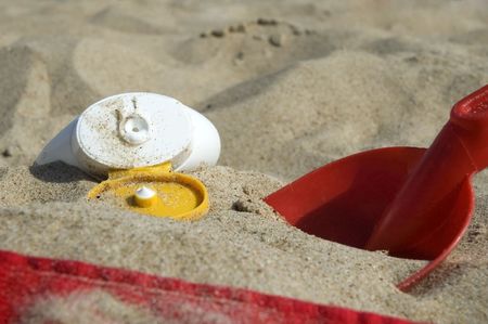 beach items and sun block. summerscenic. childhoodの写真素材