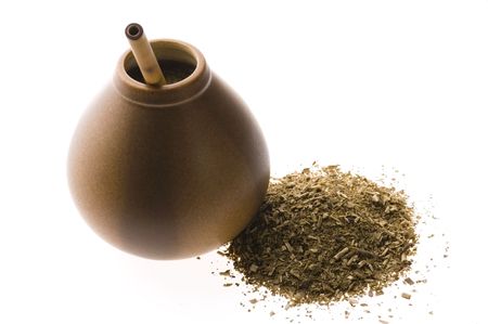 argentinian calabash with yerba mate isolated on white backgroundの写真素材