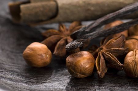 aromatic spices with brown sugar and nutsの写真素材