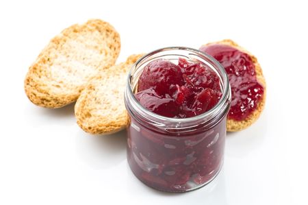 Breakfast of cherry jam on toastの写真素材