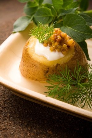 Baked potato with sour cream, grain Dijon mustard and herbsの写真素材