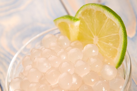 tapioca pearls with lime. white bubble tea ingredientsの写真素材