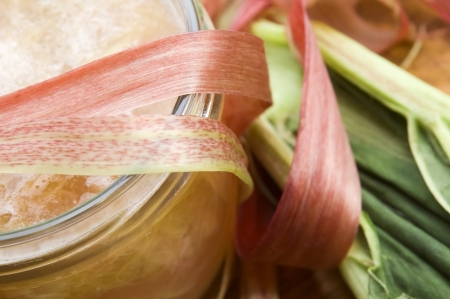 Rhubarb jam in glass jarの写真素材