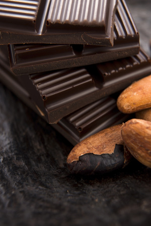 Cacao beans with dark chocolateの写真素材
