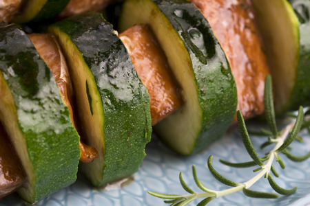 Salmon and courgette shashlikの写真素材