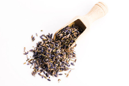 Lavender Herb Bud Flower tea Heap pile surface top view isolated on white backgroundの写真素材