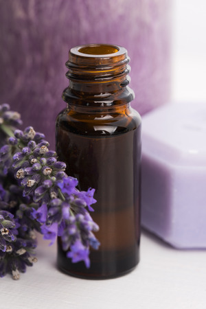 essential oil and lavender flowersの写真素材