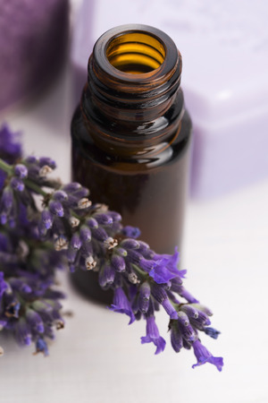 essential oil and lavender flowersの写真素材