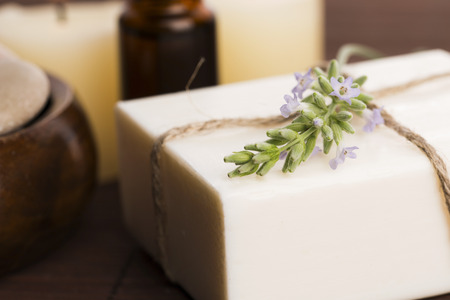 Lavender soap with lavender flowersの写真素材