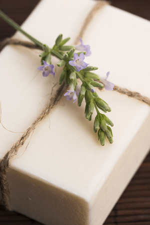 Lavender soap with lavender flowersの写真素材