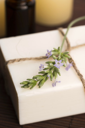 Lavender soap with lavender flowersの写真素材